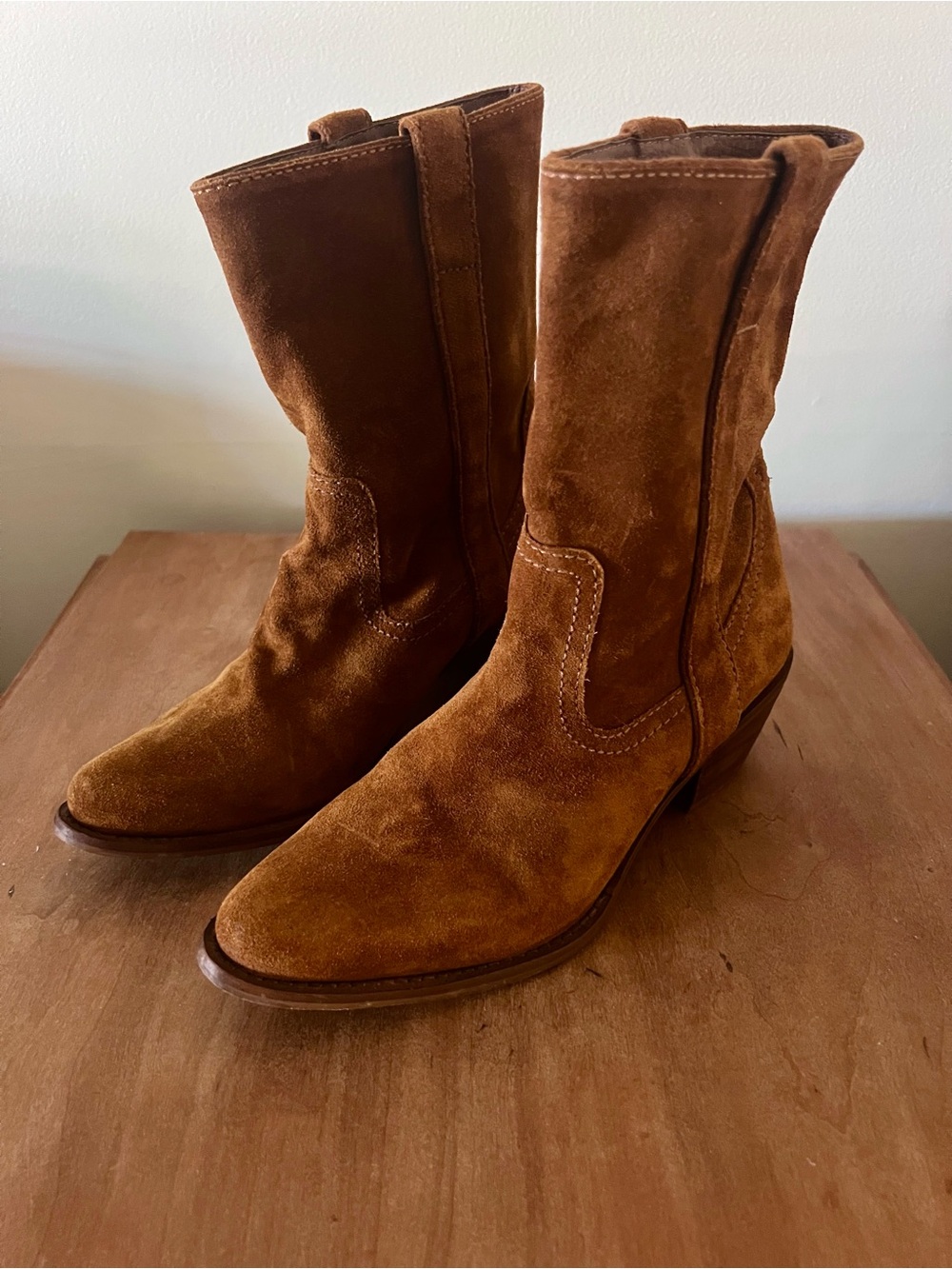 Steve Madden Cognac Brown Leather Western Mid Calf Boots 8.5M Handmade Sole